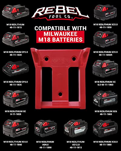 RebelToolCo Battery Holder Wall Mount (6 Pack) Battery Holder Mounts. Compatible with M18 Milwaukee Cordless Batteries. Tool Holder Storage Organizer for Battery, Accessories, & Tool Organization.