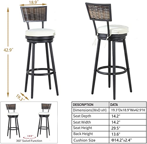 PatioFestival Patio Swivel Bar Stools Outdoor Bar Height Chairs Armless Rattan Back All-Weather Patio Furniture with Cushion,2 Pack
