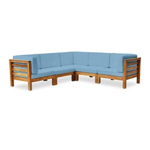 great deal furniture dawson outdoor v-shaped sectional sofa set – 5-seater – acacia wood – outdoor cushions – teak and blue