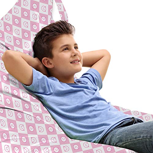 Ambesonne Checkered Lounger Chair Bag, Squares with Funny Happy Piggy Faces Girls Pattern, High Capacity Storage with Handle Container, Lounger Size,