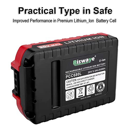 Biswaye 3.0Ah 20V MAX Lithium Battery Replacement for Porter Cable 20V Battery PCC681L PCC680L PCC682L PCC685LP PCC683L PCC601 and 20V MAX Cordless Tools Battery