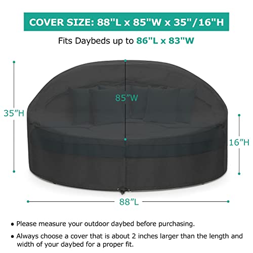 SunPatio Outdoor Daybed Cover Waterproof 88 Inch, Round Daybed Cover Patio Canopy Sofa Cover with Taped Seam and Air Vent, 88" L x 85" W x 16"/35" H, All Weather Protection, Black