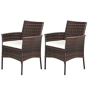relax4life patio dining chairs set of 2 pcs wicker armchairs with comfortable cushions for deck, garden, lawn, balcony, backyard and poolside outdoor pe rattan fire pit chairs (2, brown+beige)