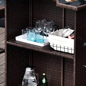 Outsunny 5 Pcs Rattan Wicker Bar Set with Glass Top Table and 2 Tier Storage Shelf, 1 Table and 4 Bar Stools for Outdoor, Patio, Garden, Poolside