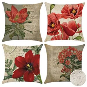 otostar 4 pack outdoor waterproof throw pillow covers 18×18 inch linen garden cushion covers vintage red flower decorative pillowcases for sofa tent balcony patio