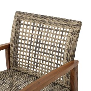 Christopher Knight Home Hampton Outdoor Mid-Century Wicker Club Chairs with Acacia Wood Frame, 4-Pcs Set, Natural Stained / Grey