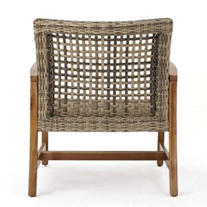 Christopher Knight Home Hampton Outdoor Mid-Century Wicker Club Chairs with Acacia Wood Frame, 4-Pcs Set, Natural Stained / Grey