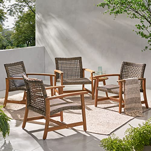 Christopher Knight Home Hampton Outdoor Mid-Century Wicker Club Chairs with Acacia Wood Frame, 4-Pcs Set, Natural Stained / Grey