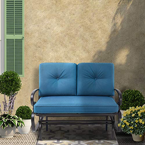 Cemeon Outdoor Glider Rocking Chair Patio Swing Glider Bench for 2 Person, Metal Frame Loveseat Chair with Cushions (Peacock Blue)