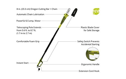 Sun Joe SWJ800E 8-Inch 6.5-Amp Telescoping Electric Pole Chain Saw with Automatic Chain Lubrication System
