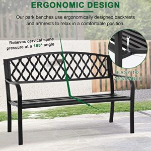 50-Inch Garden Bench,Park Bench Outdoor Bench Metal Bench Clearance Yard Porch Bench Chair with Steel Frame Outdoor Bench Furniture for Backyard Entryway Deck Lawn, Black