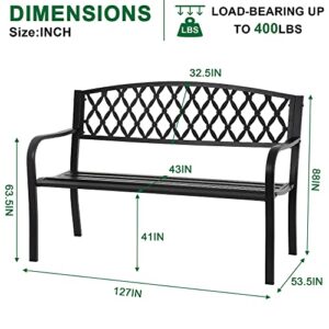 50-Inch Garden Bench,Park Bench Outdoor Bench Metal Bench Clearance Yard Porch Bench Chair with Steel Frame Outdoor Bench Furniture for Backyard Entryway Deck Lawn, Black