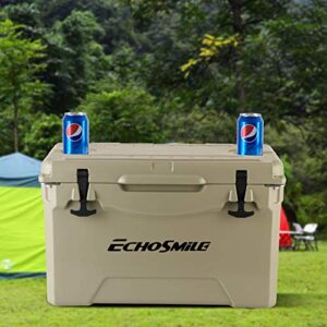 EchoSmile 35 Quart Rotomolded Cooler, 5 Days Protale Ice Cooler, Tan Ice Chest with Built-in Bottle Openers, Cup Holders, and Fish Ruler, Suit for BBQ, Camping, Pincnic, and Other Outdoor Activities