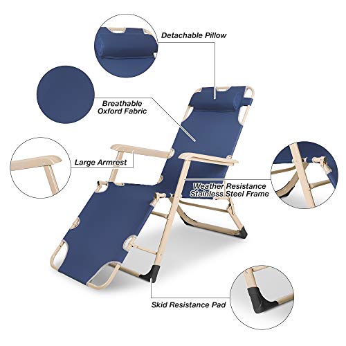 Dporticus Set of 2 Large Outdoor Patio Portable Folding Adjustable Chaise Lounge Chair with Footrest and Removable Pillow