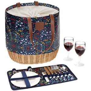 willow weave portable picnic basket set with service for 2, sturdy woven base & canvas picnic beach tote bag with drawstring closure & insulated lining, for outdoor events, shopping – blue floral