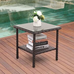 patio pe wicker side table outdoor resin rattan glass top square end table with two shelves, brown