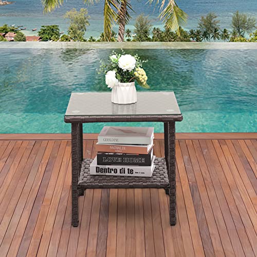 Patio PE Wicker Side Table Outdoor Resin Rattan Glass Top Square End Table with Two Shelves, Brown