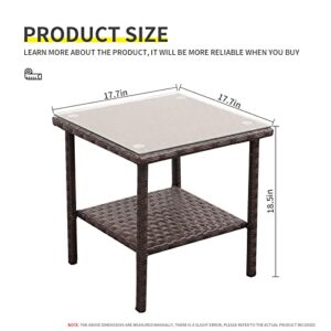 Patio PE Wicker Side Table Outdoor Resin Rattan Glass Top Square End Table with Two Shelves, Brown