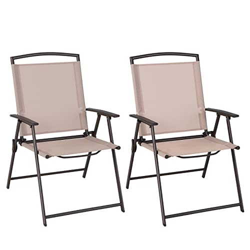 Giantex Set of 2 Patio Folding Chairs - Outdoor Sling Chairs with Armrests and Rustproof Steel Frame, Patio Dining Chairs with Breathable Fabric for Garden, Backyard Poolside Indoors, No Assembly (1)