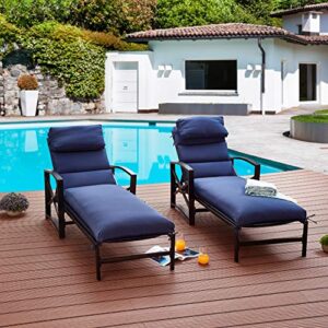 lokatse home 2 piece patio chaise lounge chair outdoor furniture set all weather metal adjustable backrest and armchair with removable comfy cushions, blue