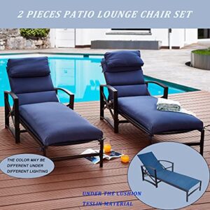 LOKATSE HOME 2 Piece Patio Chaise Lounge Chair Outdoor Furniture Set All Weather Metal Adjustable Backrest and Armchair with Removable Comfy Cushions, Blue