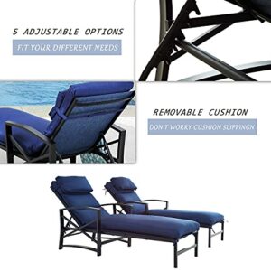 LOKATSE HOME 2 Piece Patio Chaise Lounge Chair Outdoor Furniture Set All Weather Metal Adjustable Backrest and Armchair with Removable Comfy Cushions, Blue