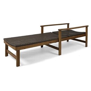 kyle outdoor rustic acacia wood chaise lounge with wicker seating, natural and mixed mocha