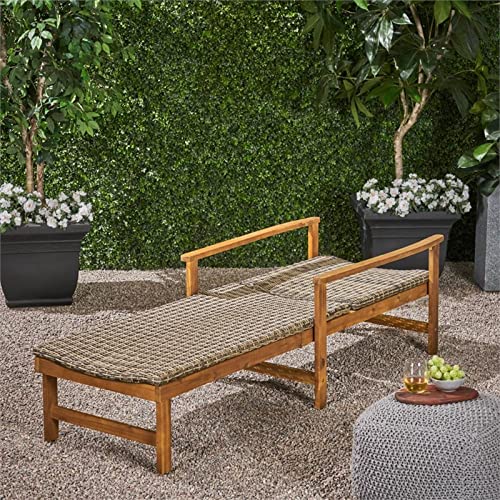 Kyle Outdoor Rustic Acacia Wood Chaise Lounge with Wicker Seating, Natural and Mixed Mocha