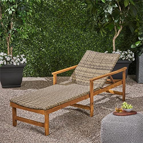 Kyle Outdoor Rustic Acacia Wood Chaise Lounge with Wicker Seating, Natural and Mixed Mocha