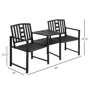 Outsunny Tete-a-Tete Outdoor Bench with Center Table & Umbrella Hole, Garden Bench for 2-Person, Metal Frame Patio Loveseat with Armrest, Slatted Backrest and Seat, Black