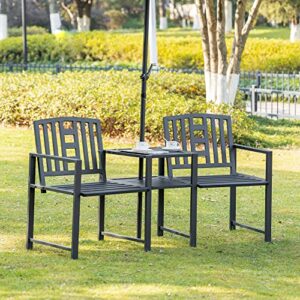 Outsunny Tete-a-Tete Outdoor Bench with Center Table & Umbrella Hole, Garden Bench for 2-Person, Metal Frame Patio Loveseat with Armrest, Slatted Backrest and Seat, Black