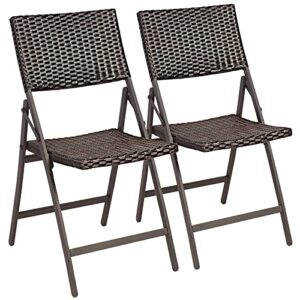 tangkula 2 pieces patio rattan folding dining chairs, outdoor wicker folding chairs with anti-rust steel frame, portable patio furniture bistro chairs for garden, poolside and backyard