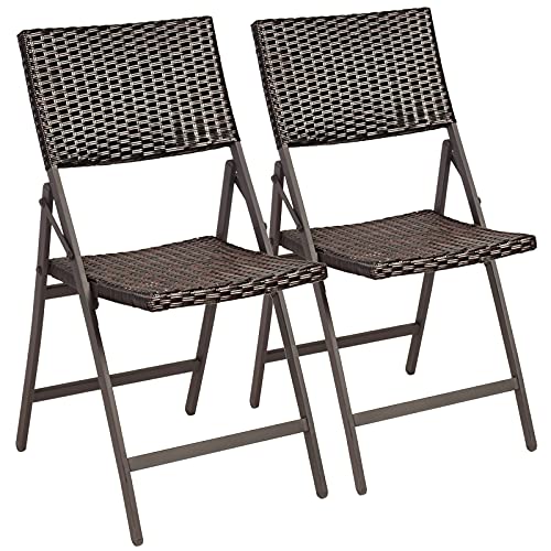 Tangkula 2 Pieces Patio Rattan Folding Dining Chairs, Outdoor Wicker Folding Chairs with Anti-Rust Steel Frame, Portable Patio Furniture Bistro Chairs for Garden, Poolside and Backyard