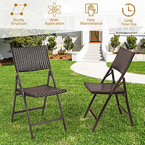 Tangkula 2 Pieces Patio Rattan Folding Dining Chairs, Outdoor Wicker Folding Chairs with Anti-Rust Steel Frame, Portable Patio Furniture Bistro Chairs for Garden, Poolside and Backyard