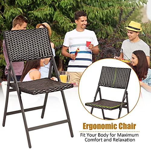 Tangkula 2 Pieces Patio Rattan Folding Dining Chairs, Outdoor Wicker Folding Chairs with Anti-Rust Steel Frame, Portable Patio Furniture Bistro Chairs for Garden, Poolside and Backyard