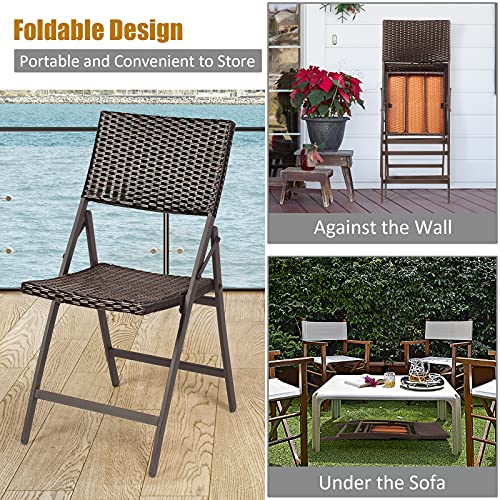 Tangkula 2 Pieces Patio Rattan Folding Dining Chairs, Outdoor Wicker Folding Chairs with Anti-Rust Steel Frame, Portable Patio Furniture Bistro Chairs for Garden, Poolside and Backyard