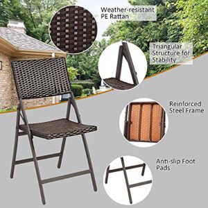 Tangkula 2 Pieces Patio Rattan Folding Dining Chairs, Outdoor Wicker Folding Chairs with Anti-Rust Steel Frame, Portable Patio Furniture Bistro Chairs for Garden, Poolside and Backyard