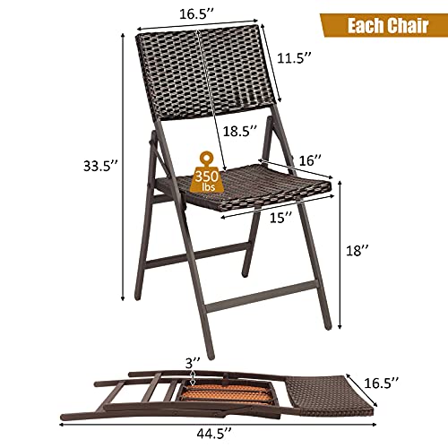 Tangkula 2 Pieces Patio Rattan Folding Dining Chairs, Outdoor Wicker Folding Chairs with Anti-Rust Steel Frame, Portable Patio Furniture Bistro Chairs for Garden, Poolside and Backyard