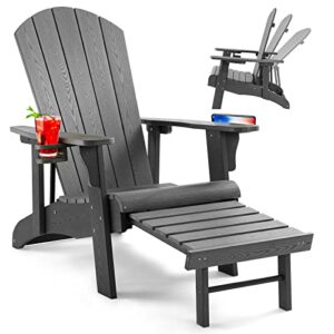 Leteuke Adirondack Chair with Ottoman, Oversized Adirondack Chair with Adjustable Backrest and 2 Cup Holder, Weather Resistant Adirondack Chair for Patio, Outdoor, Fire Pit, Garden, Deck, Dark Gray