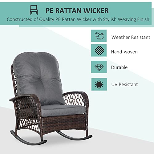 Outsunny Outdoor Wicker Rocking Chair with Wide Seat, Thick, Soft Cushion, Rattan Rocker w/Steel Frame, High Weight Capacity for Patio, Garden, Backyard, Grey