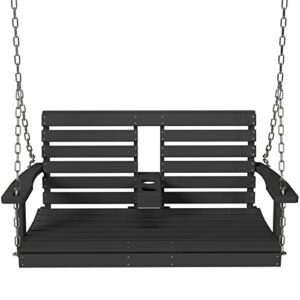 kingyes outdoor hanging porch swing, 2 seat patio swing chair with cup holders, waterproof swing chair bench for courtyard & garden, 660lbs weight capacity, black