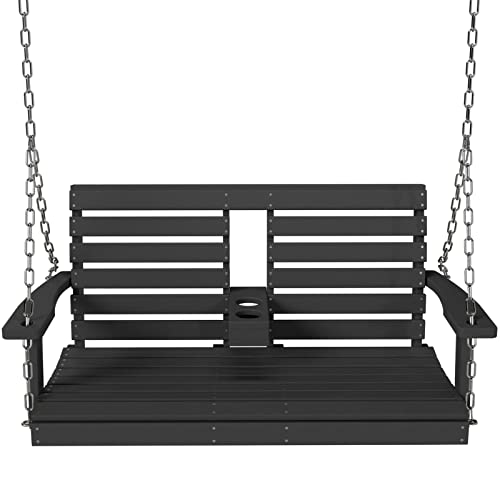 KINGYES Outdoor Hanging Porch Swing, 2 Seat Patio Swing Chair with Cup Holders, Waterproof Swing Chair Bench for Courtyard & Garden, 660LBS Weight Capacity, Black