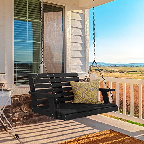 KINGYES Outdoor Hanging Porch Swing, 2 Seat Patio Swing Chair with Cup Holders, Waterproof Swing Chair Bench for Courtyard & Garden, 660LBS Weight Capacity, Black