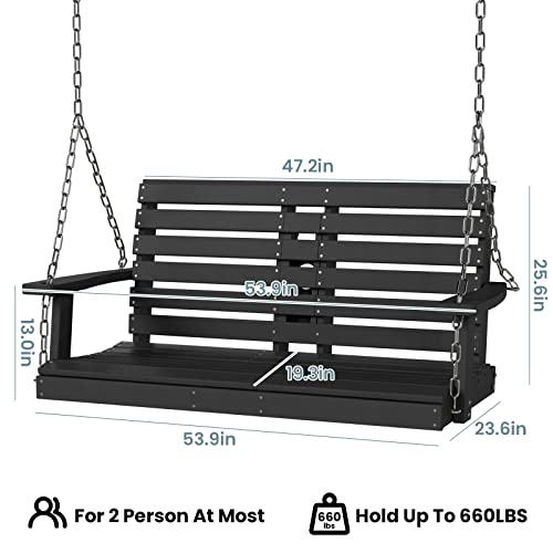 KINGYES Outdoor Hanging Porch Swing, 2 Seat Patio Swing Chair with Cup Holders, Waterproof Swing Chair Bench for Courtyard & Garden, 660LBS Weight Capacity, Black