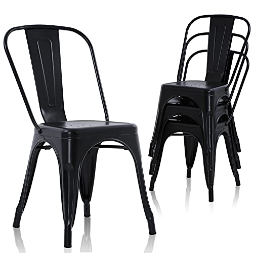 HCY Dining Chairs, Metal Chairs Set of 4 Stackable 18 Inches Height Dining Room Chair with High Backrest for Kitchen Patio Restaurant Indoor Outdoor (Black)