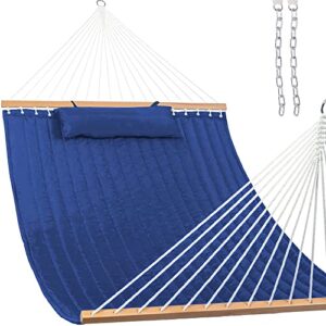 lazy daze 12 ft double quilted fabric hammock with spreader bars and detachable pillow, 2 person hammock for outdoor patio backyard poolside, 450 lbs weight capacity, navy blue