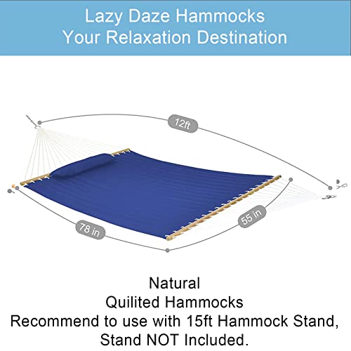 Lazy Daze 12 FT Double Quilted Fabric Hammock with Spreader Bars and Detachable Pillow, 2 Person Hammock for Outdoor Patio Backyard Poolside, 450 LBS Weight Capacity, Navy Blue