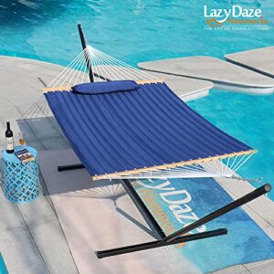 Lazy Daze 12 FT Double Quilted Fabric Hammock with Spreader Bars and Detachable Pillow, 2 Person Hammock for Outdoor Patio Backyard Poolside, 450 LBS Weight Capacity, Navy Blue