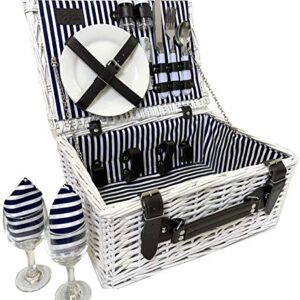 Picnic Basket for 2 Person Picnic Hamper Set Ceramic Plates Metal Flatware Wine Glasses S/P Shakers Bottle Opener Picnic Set | Picnic Tote