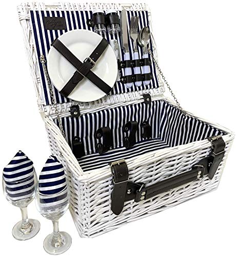 Picnic Basket for 2 Person Picnic Hamper Set Ceramic Plates Metal Flatware Wine Glasses S/P Shakers Bottle Opener Picnic Set | Picnic Tote